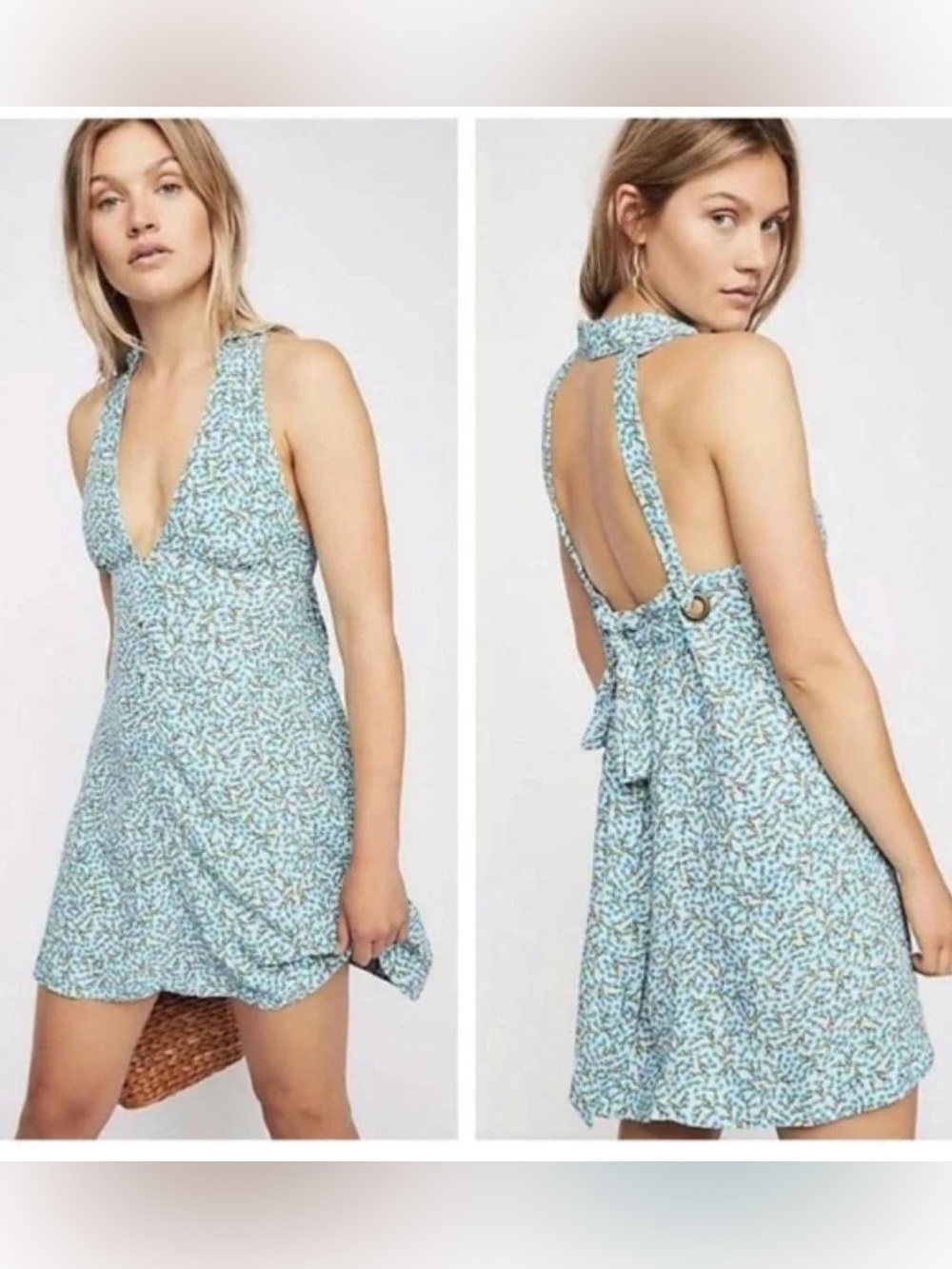 Free People Cest La Vie Blue Floral Backless Halter Mini Dress